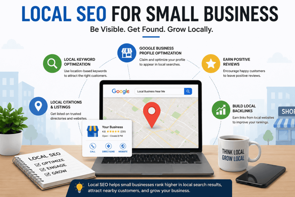  Local SEO Tips for Small Business including Google Business Profile, local keywords, customer reviews, and local backlinks