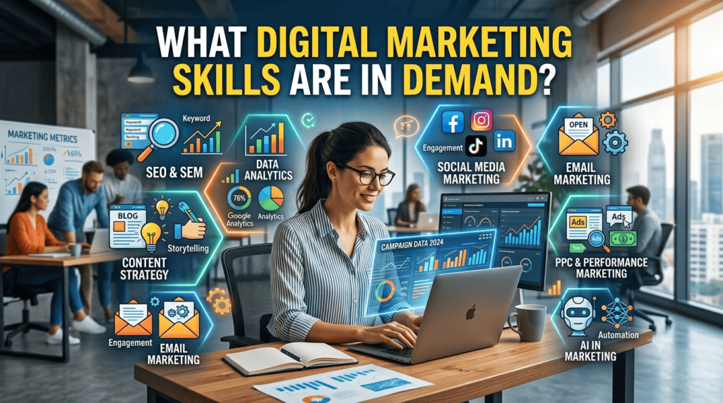 A professional woman working on a laptop in a modern office, surrounded by floating icons of in-demand digital marketing skills like SEO, Data Analytics, Social Media, and AI.
